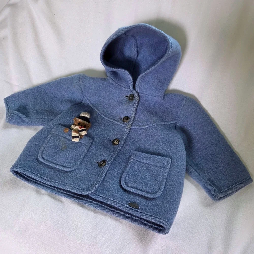 Giesswein Boiled Wool Jacket Baby Size 9-12 Month Blue Teddy Bear Hooded Austria